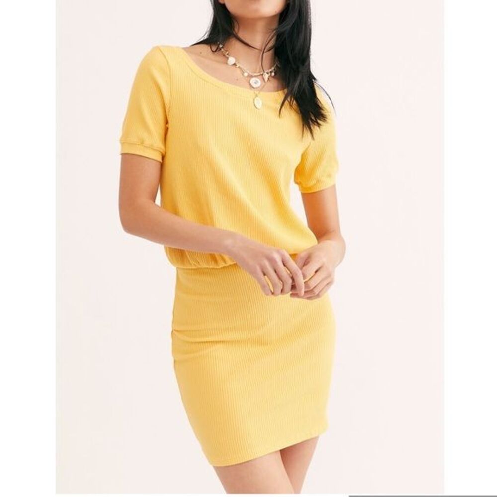 Free People Happy Hour Dress Womens M Ribbed Mini Dress Cut Out Yellow FP Beach